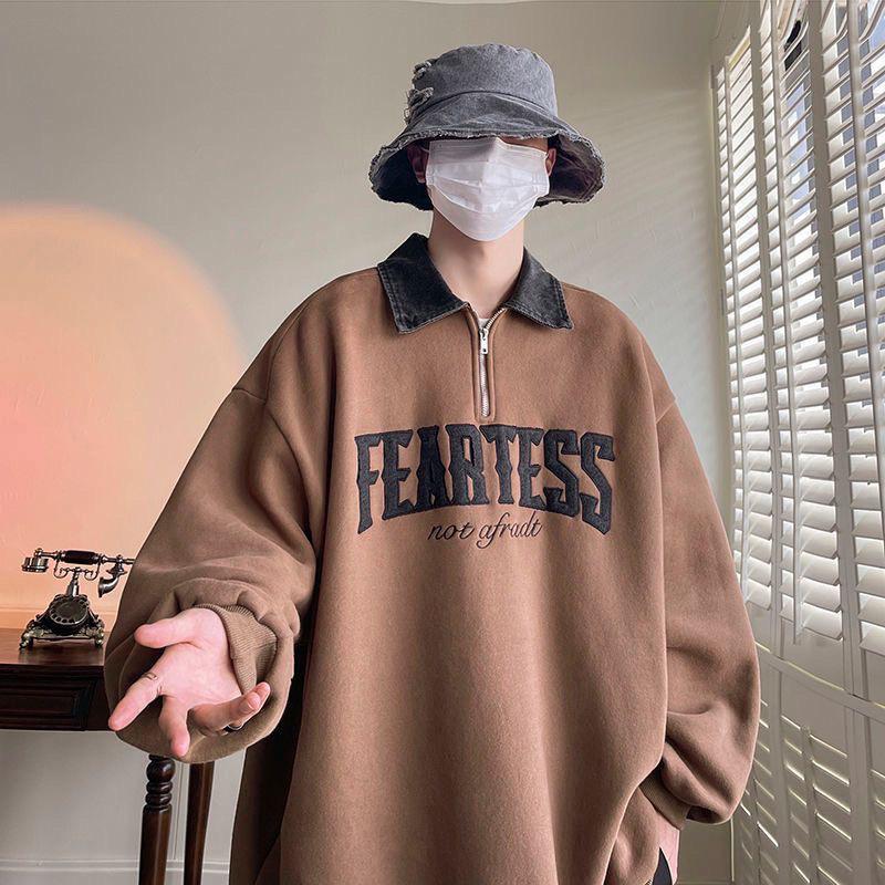 Áo Sweater Polo Phối Zip TESS vải da lộn màu NÂU/ĐEN Form Rộng Ulzzang  Nam nữ unisex  Áo Sweater có cổ Jaystoree