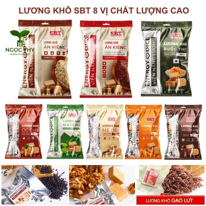 Lương khô gạo lứt ngũ cốc ăn healthy 8 vị (socola, matcha, mè đen, óc chó, hạt điều, chà bông) SBT gói 300gr