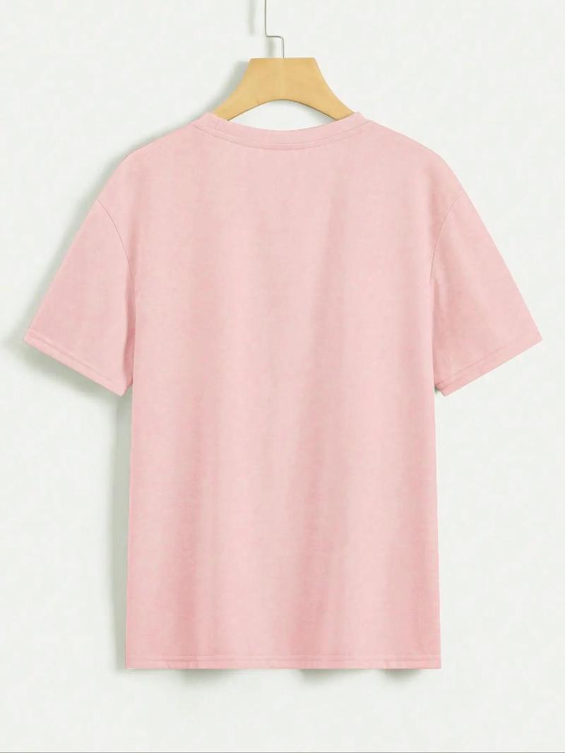 Product Introduction of 【Plus Size】Letter & Strawberry Print Drop Shoulder Tee, Casual Kawaii Crew Neck Short Sleeve T-shirt for Daily Wear, Women Plus Clothing for Summer 2