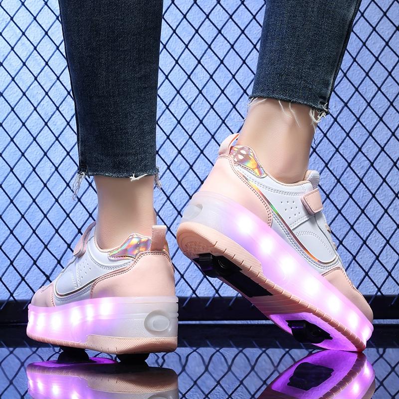 2024 New children's gift two-wheeled walking shoes Light dry comfortable convenient fast wear resistant Velcro double mesh breathable LED light wheel shoes skate shoes 2