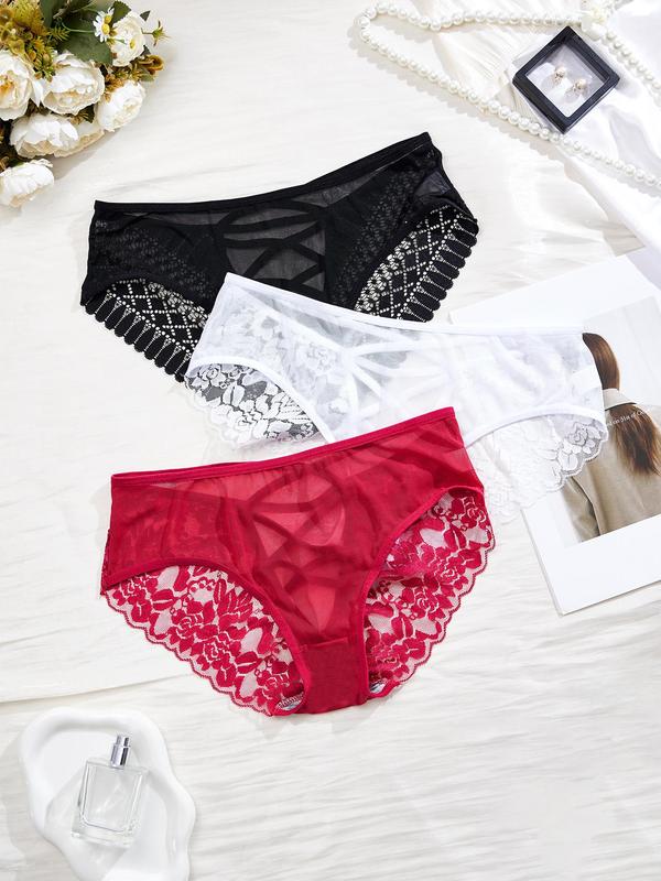 【Plus Size】  Floral Detail Contrast Mesh Lace Up Panty, Solid Color Sheer Fabric Knicker for All Seasons, Comfy Breathable Underwear for Women 2