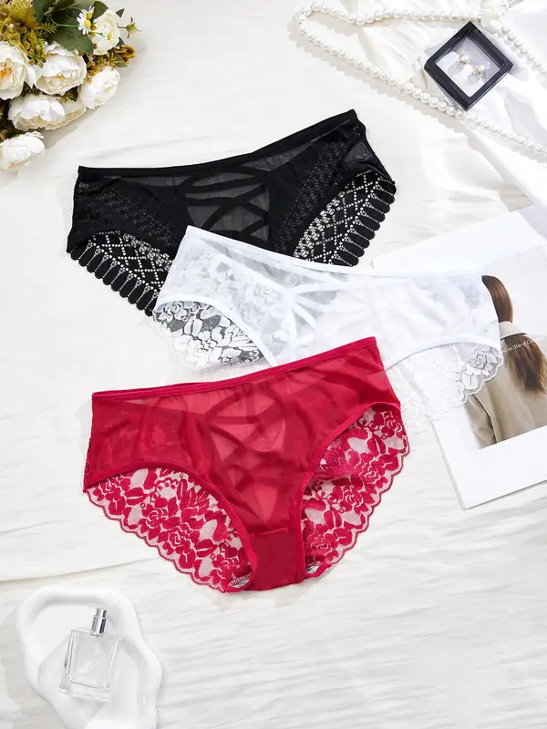 【Plus Size】  Floral Detail Contrast Mesh Lace Up Panty, Solid Color Sheer Fabric Knicker for All Seasons, Comfy Breathable Underwear for Women 1
