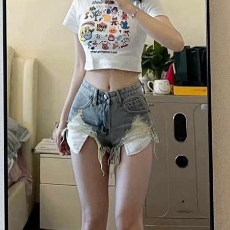Quần short jean nữ túi lồi tua rua rách gấu màu xanh bụi [CHĂMCHĂMM65] Women quân  shortnữ quan 5
