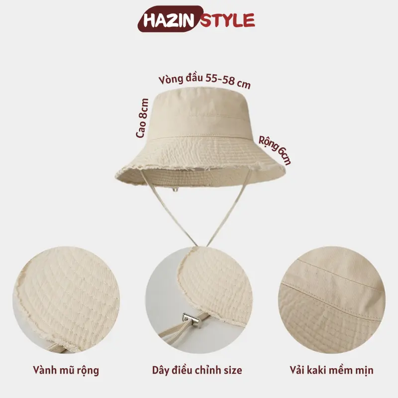 Mũ bucket tua rua HAZIN vải kaki mềm mịn thời trang Unisex, nón tai bèo cá tính có dây quai điều chỉnh phong cách hàn quốc nhiều màu đi du lịch đi HAM307chơi 3