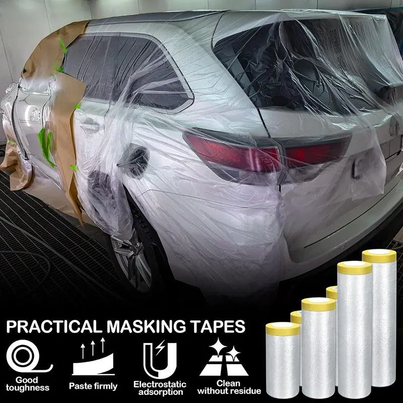 Pre-adhesive Masking Film, 1 Count Transparent Paint Plastic Masking Film, Car Painter Masking Tape Film, Plastic Film Cover for Household Appliances and Furniture 2