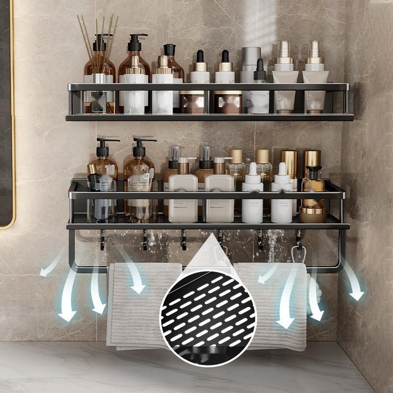Wall Mounted Bathroom Storage Rack, 1 Count Metal Bathroom Toiletries Storage Shelf, Bathroom Drain Storage Rack with Rod, Bathroom Organiser, Household Towel Holder 4