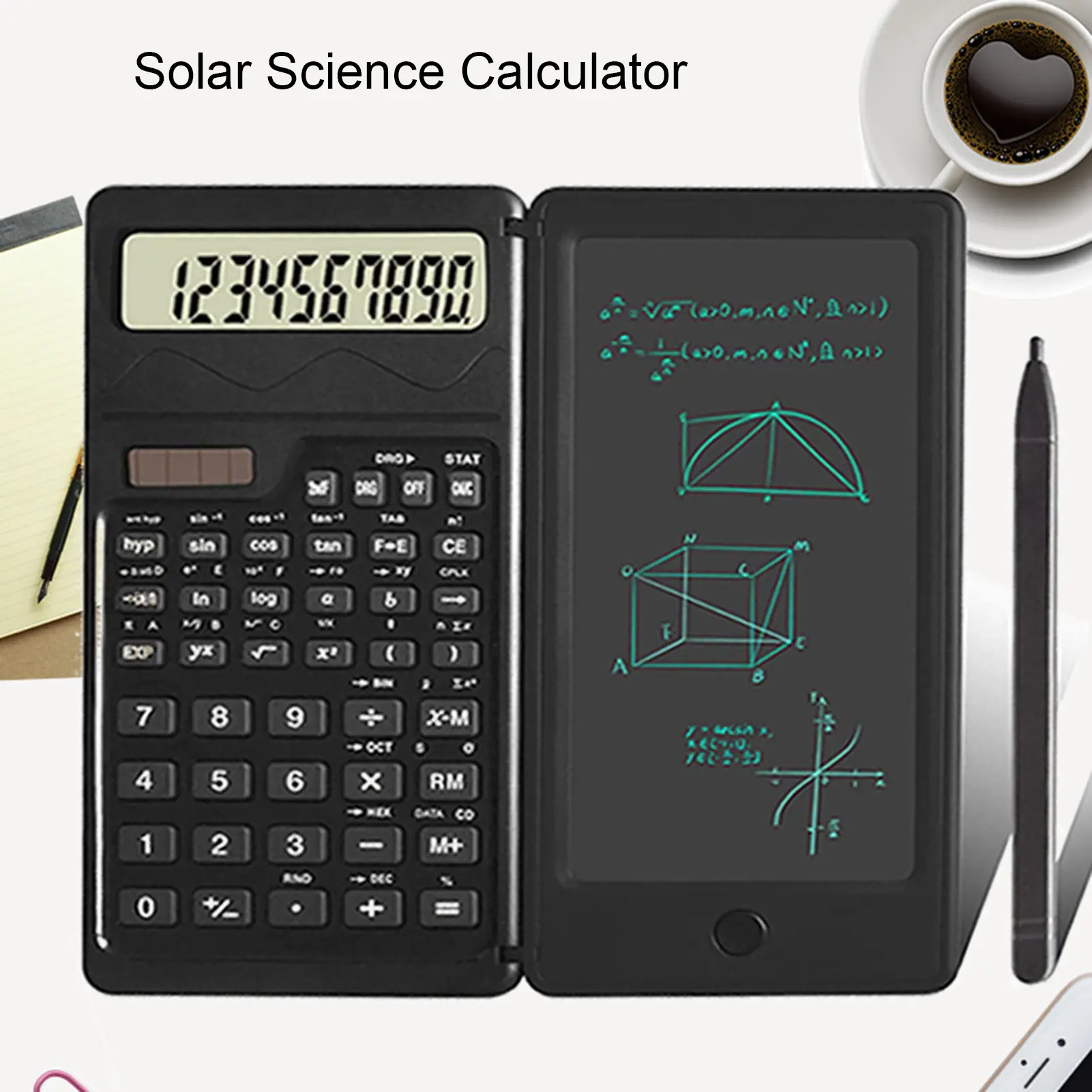 Baviat-Scientific Calculator with Writing Board Solar Battery Powered 10 Digits Standard Function LED Display Student Calculator Office Supplies