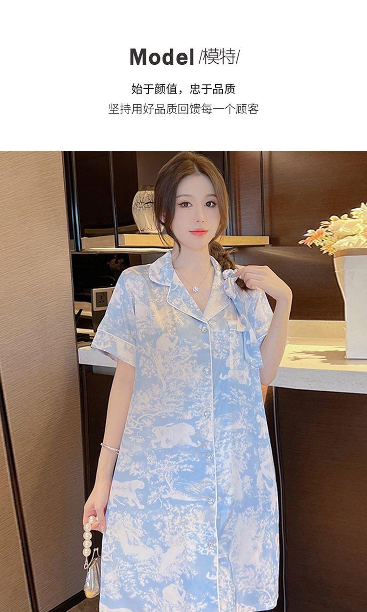 Product Introduction of Ice Silk Nightdress for Women Long Dress Summer 2025 New Ins Style High-Value Jungle Print Shirt Pajama Dress 9