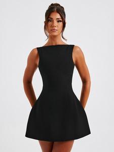 Vestido sin mangas con cuello de barco sin espalda sólido para mujer, vestido corto sin mangas informal de moda callejera para uso diario al aire libre, vestido de mujer para verano, vestido de taza de té