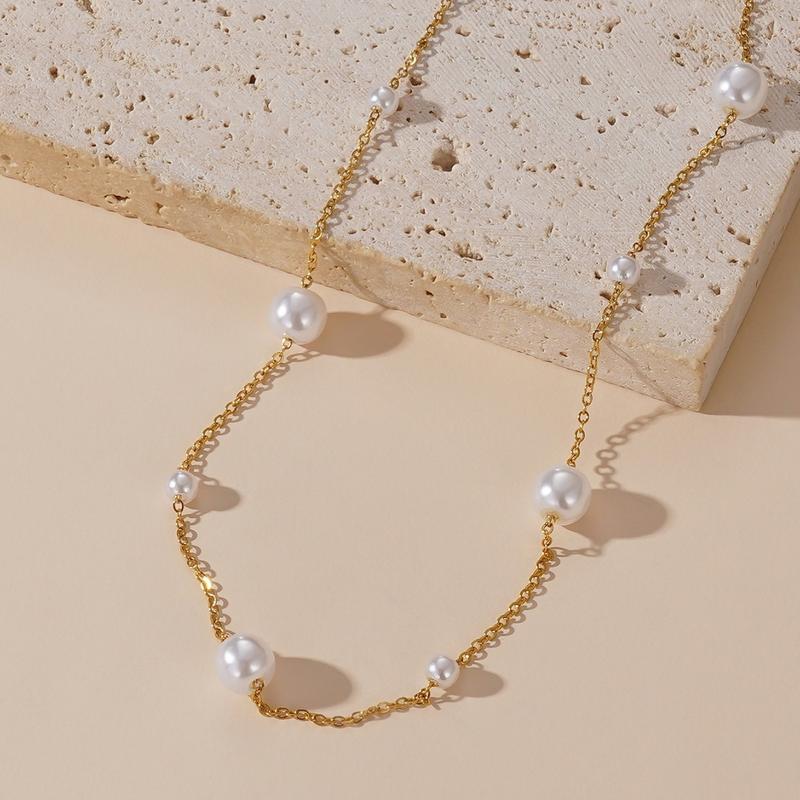 Product Introduction of Europe and America Cross Border Fashion Small Fresh Clavicle Chain Necklace Stainless Steel Necklace Adjustable Titanium Steel Pearl Necklace for Women Imitation Choker 0