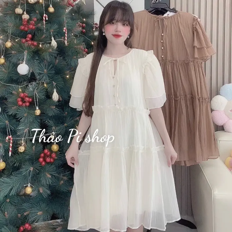 Đầm babydoll Nữ dáng suông rộng tay phồng phối nút siêu đẹp - M8 4