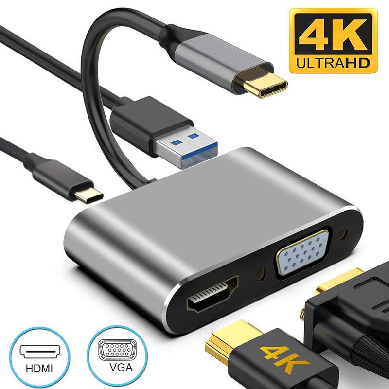 Bộ Chuyển Đổi tốc độ cao, Thunderbolt 3, 4 trong 1, 4 cổng USB C sang HDMI 4K VGA, USB3.0 PD, Trung tâm sạc Type-C, Trạm kết nối, Hub USB C, Tương thích với máy tính xách tay, Điện thoại di động, Máy tính bảng, Công tắc đế cắm USB C hub  usb  type  c