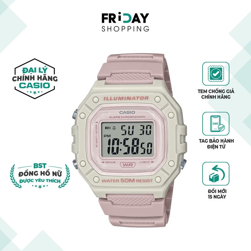 Đồng Hồ Nữ Điện Tử Casio Watch W-218HC-4A2VDF Đeo Tay Dây Cao Su Màu Hồng Mặt Số Trắng Có Đèn LED Chính Hãng