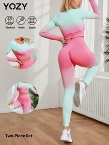 YOZY-GOOO Women's Ombre Print Crop Top & High Waist Leggings Two-Piece Set, Sporty Breathable Comfy Outfits for Yoga Gym Workout Running, Ladies Clothes for All Seasons