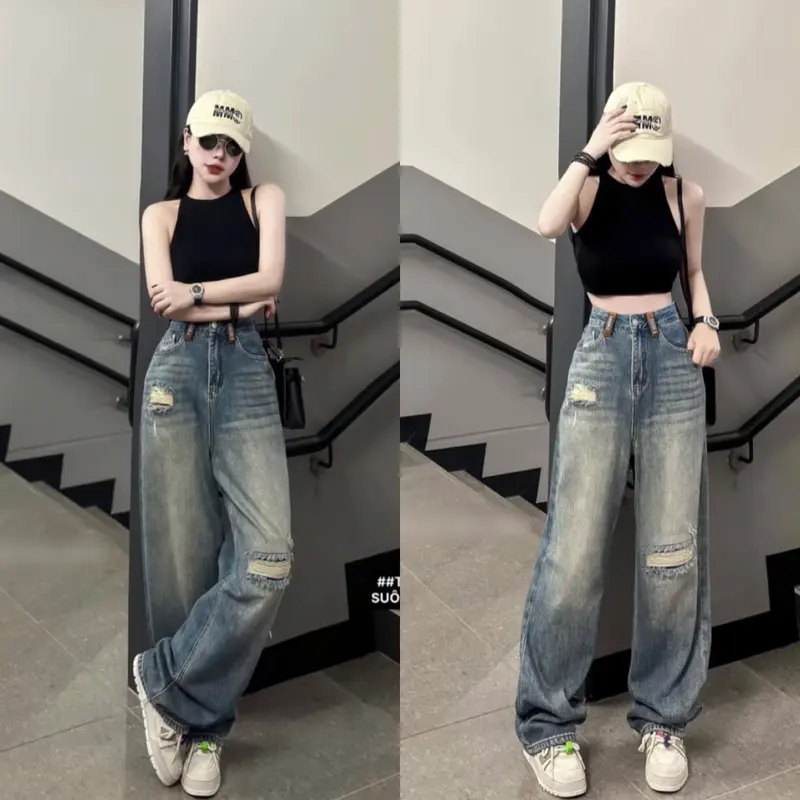 (S-2XL) Quần Jean Suông Phối Đai Eo Dài 103cm và 95cm J143 Khuy Women Pants 0