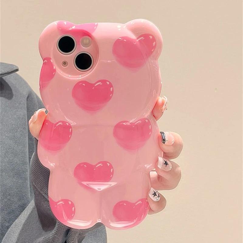 Ốp Điện Thoại Hình Gấu 3D Trái Tim Màu Hồng, Phong Cách Hàn Quốc, Dành Cho iPhone 15 14 13 12 11 Pro Max, Ốp Mềm Chống Sốc Silicon Sành Điệu, Funda 2