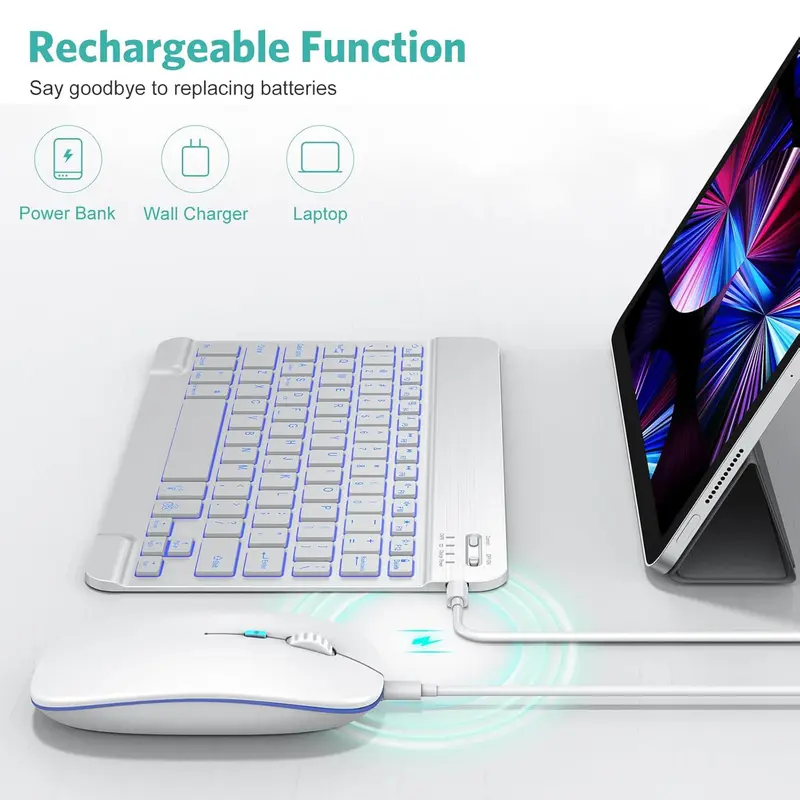 Wireless Keyboard & Mouse Combo, 1 Set Rechargeable Wireless Keyboard & Mouse with 7-color Backlit, Compatible with iPadOS/iOS/Android/Windows 6