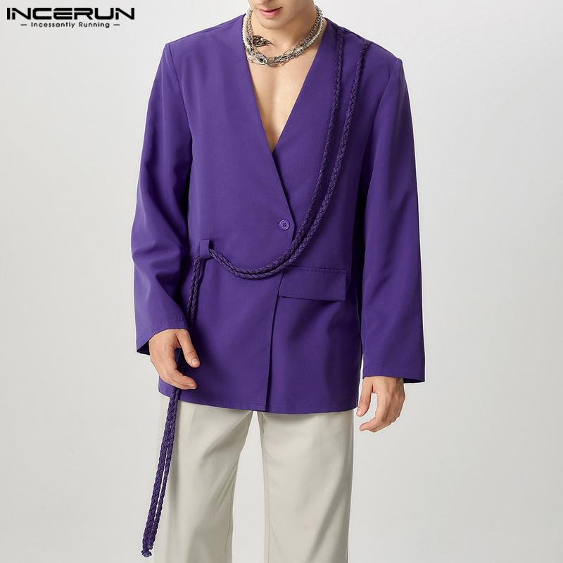 INCERUN Men's Fashion Party Deconstructed Tassels Design Blazer V Neck Long Sleeve Solid Coats (Western Style) 1