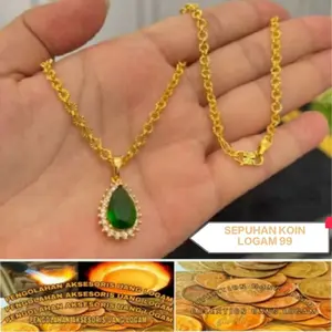Kalung Nuri Liontin Permata Hijau Terbuat dari Bahan Koin Logam 1991-1992 ANTI KARAT
