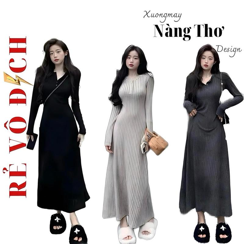 200 Đầm Xinh Dáng Xòe Kem Dài Nữ Chất Gân Đũa Co Giãn Đen Women Dress