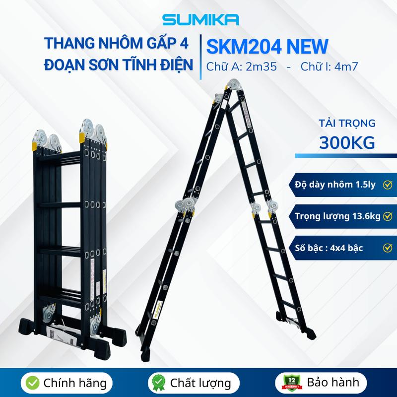 Thang nhôm gấp 4 đoạn Sumika SKM204 NEW, chữ A cao 2.35m, chữ I cao 4.7m, 14 tư thế sử dụng