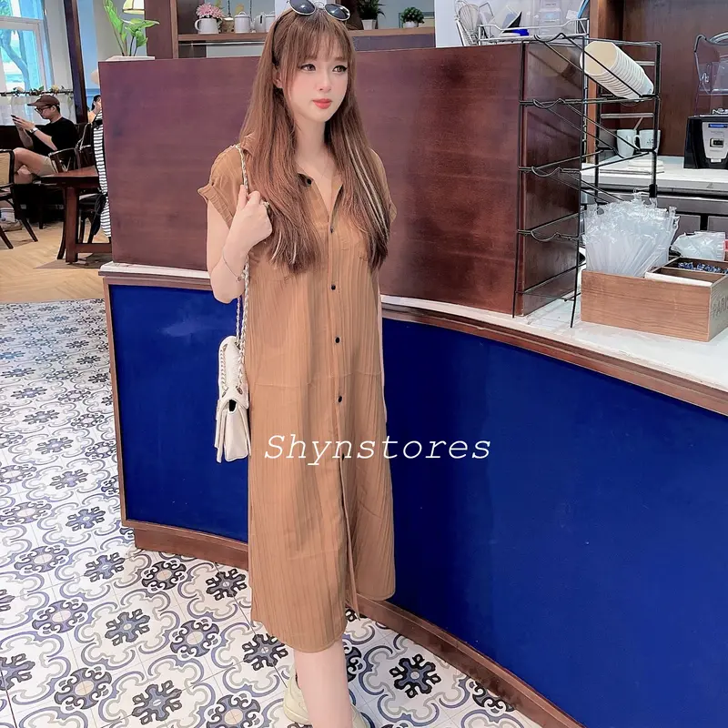 Đầm sơ mi nữ - váy suông nữ cổ cao cúc cài túi ngực vải đũi gân cao cấp Dress Đen Women Voan 1