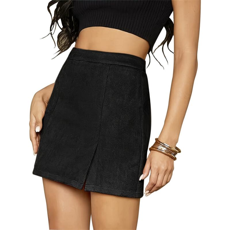 TikTok Shop Faux Suede High waist Skirt Elegant A line Slit Mini Skirt Women s