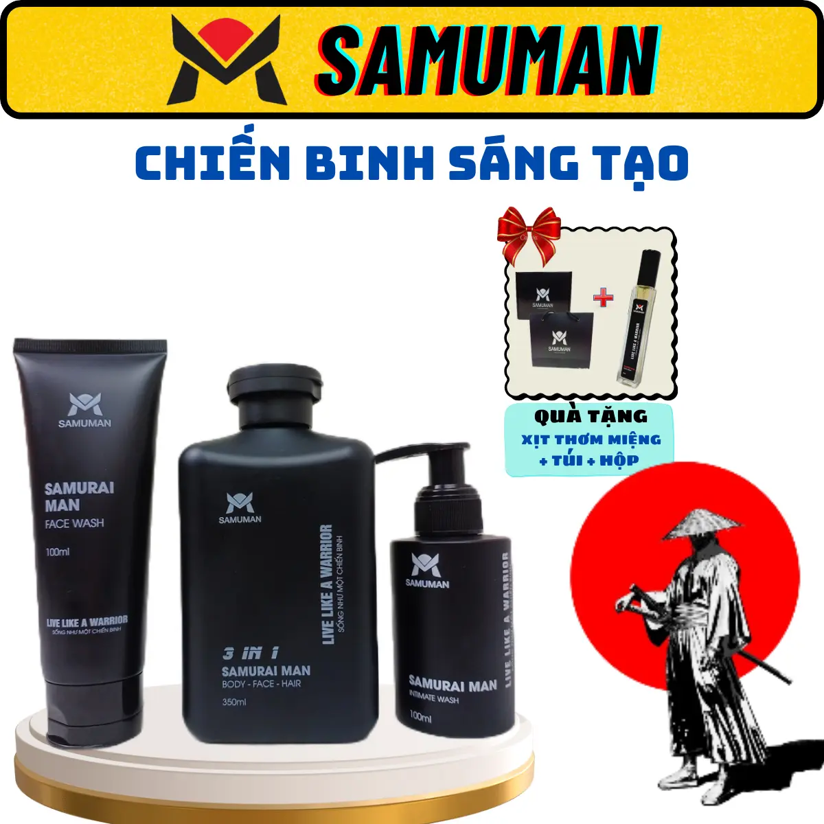 Combo Chiến Binh SAMUMAN ( Sữa tắm gội 3in1 350ml + Sữa Rửa Mặt Sạch Mụn 100ml+ Dung Dịch Vệ Sinh Nam 100ml  ) -  + 1 Túi +1 Hộp Skincare Cosmetic