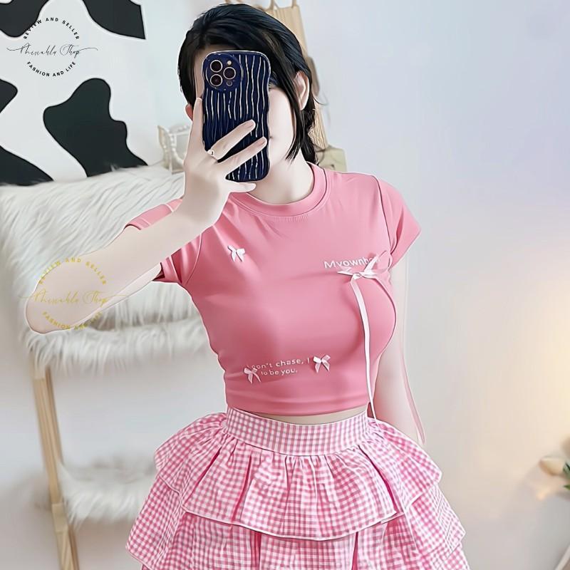 Product Introduction of Áo Croptop Borip Basic Ôm Body In Chữ "I Don't Chase" Đính Nơ Dài, MLS11, Women Thun Sen Sò Hoa Sen Trắng Kem Tre Cổ Tròn Dáng Ngắn 27