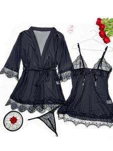 Plus Size Contrast Lace Cami Nightdress & Sheer Thong & Belt Robe Set, Sexy Comfortable Bow Front Nightgown & Panty & Wrap Robe for Women, Women's Sleepwear for All Seasons