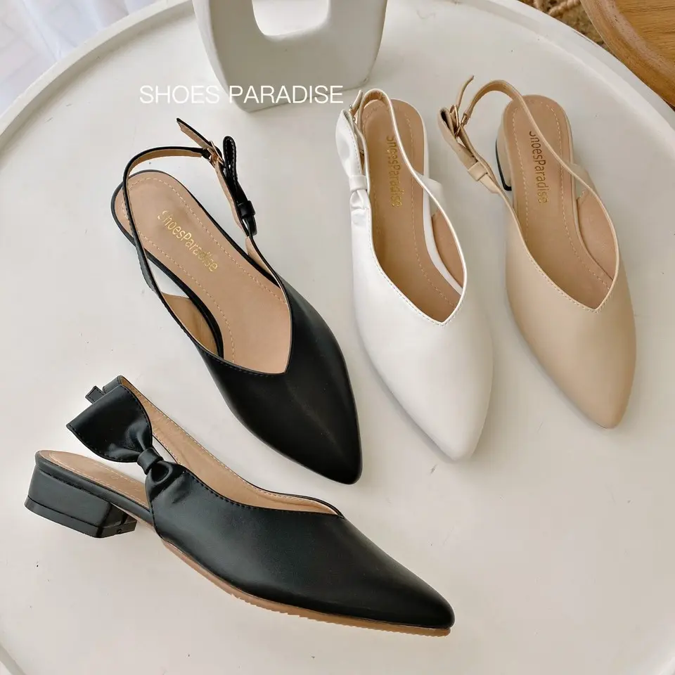 Giày Cao Gót Nữ ( FORM NHỎ NHÍCH LÊN 1 SIZE ) giày mũi nhọn đế thấp cao 2cm thời trang học sinh viên đi học đi chơi đi làm màu đen kem trắng BBNohongthap