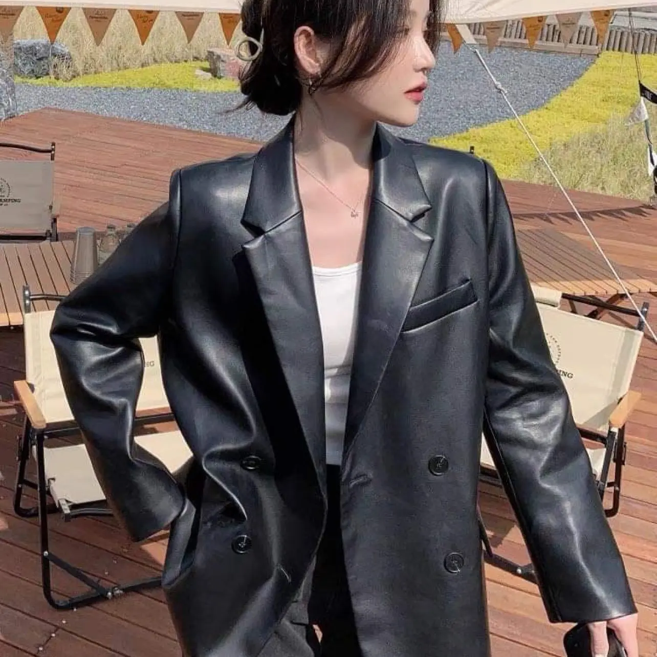 Áo Vest Blazer Chất Liệu Da Dành Cho Nữ