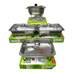 prasmanan set stenliss tutup kaca 3 wadah sayur kotak 1 bulat 4 sendok sayur Kitchenware