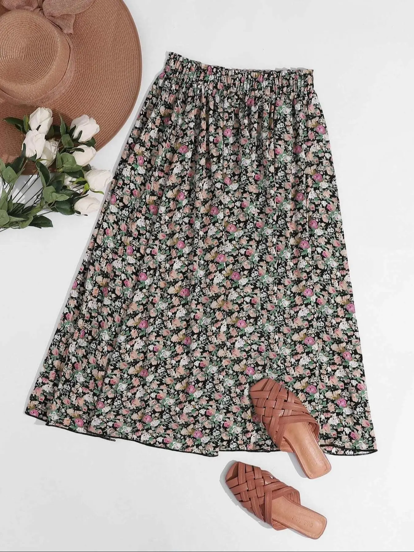 Women's All Over Print Curved Hem Skirt, Elegant Fashion Casual Midi Skirt for Daily Outdoor Wear, Ladies Bottoms for All Seasons