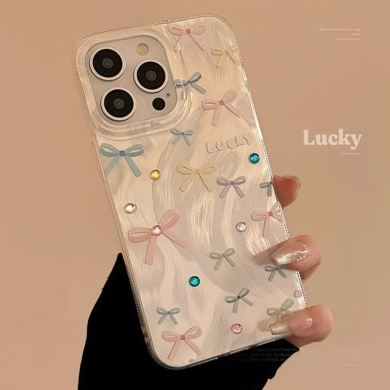 Bowknot Pattern Phone Case, Faux Pearl Decorative Anti-fall Phone Protector Cover Compatible With iPhone 11 12 13 14 15 Pro Max Series, Gift, Smartphone, Protective, Baby Pink 5
