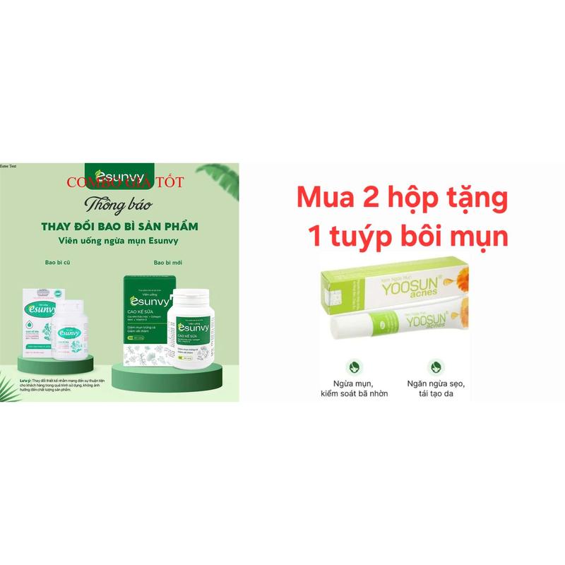 COMBO 2 HỘP Viên uống Esunvy - Giảm Mụn Trứng Cá - Giảm vết thâm - Cao kế sữa