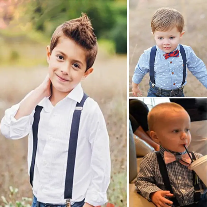 Kids Boys Girls Solid Color Clip-on Suspenders Elastic Adjustable Braces With Cute Bow Tie