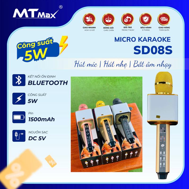 Micrô Hát Karaoke Không Dây SD08 Kèm Loa Bluetooth, Âm Thanh To Trầm Ấm Míc Hát Bắt Giọng 1 Mic mic treasure