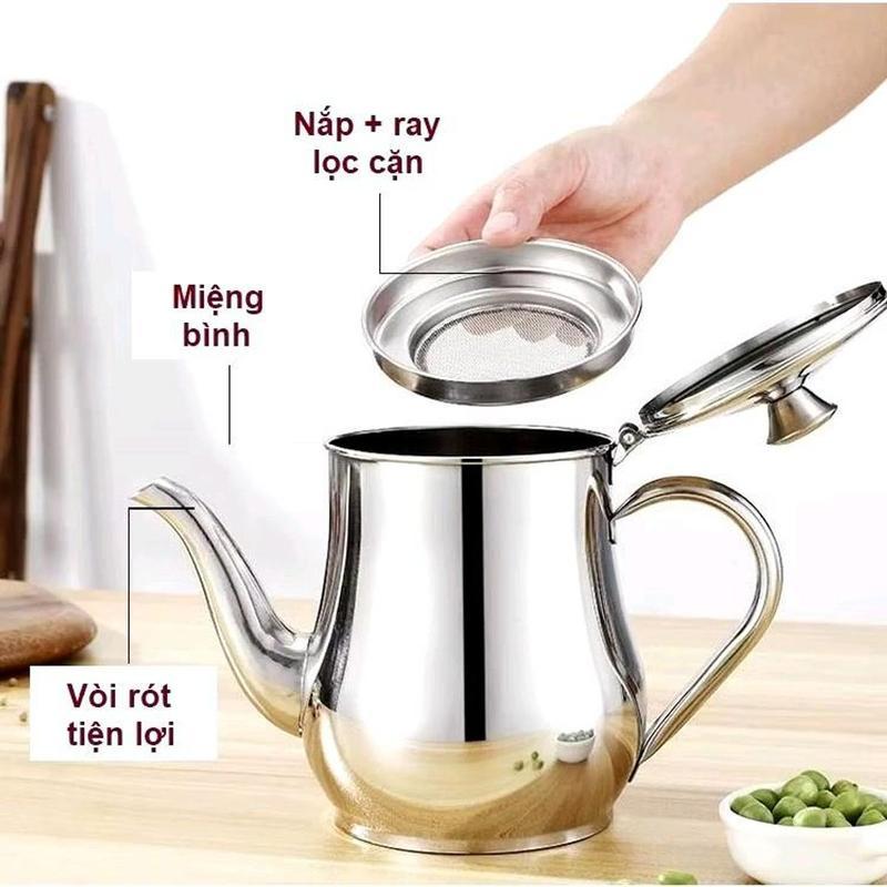 Bình lọc dầu Inox 800ml lọc dầu thừa sau chế biến, Ấm lọc dầu ,chiết dầu mỡ kèm khay lọc tiện lợi 8