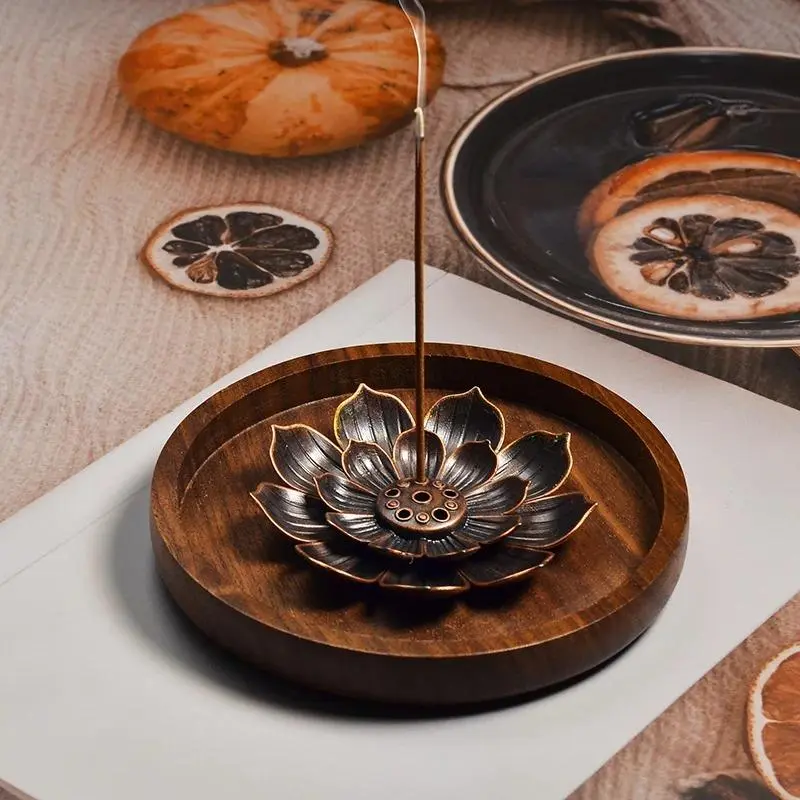 Lotus Design Incense Burner, 1 Count Zinc Alloy Incense Holder with Wooden Incense Plate, Creative Decor for Living Room Bedroom Yoga Room