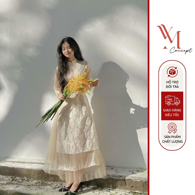 Bộ Áo Dài Hoa Nổi Phối Tay Voan Lỡ + Chân Váy Midi Voan Màu Kem Be Đỏ Tết YM Concept D0649 - Women, Nữ Dress Màu Trắng