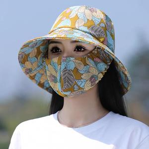 2-in-1 Korean Sun Mask Hat Outdoor Sun Protection Tea Picking Hat for Woman Fashion Small Floral Cap