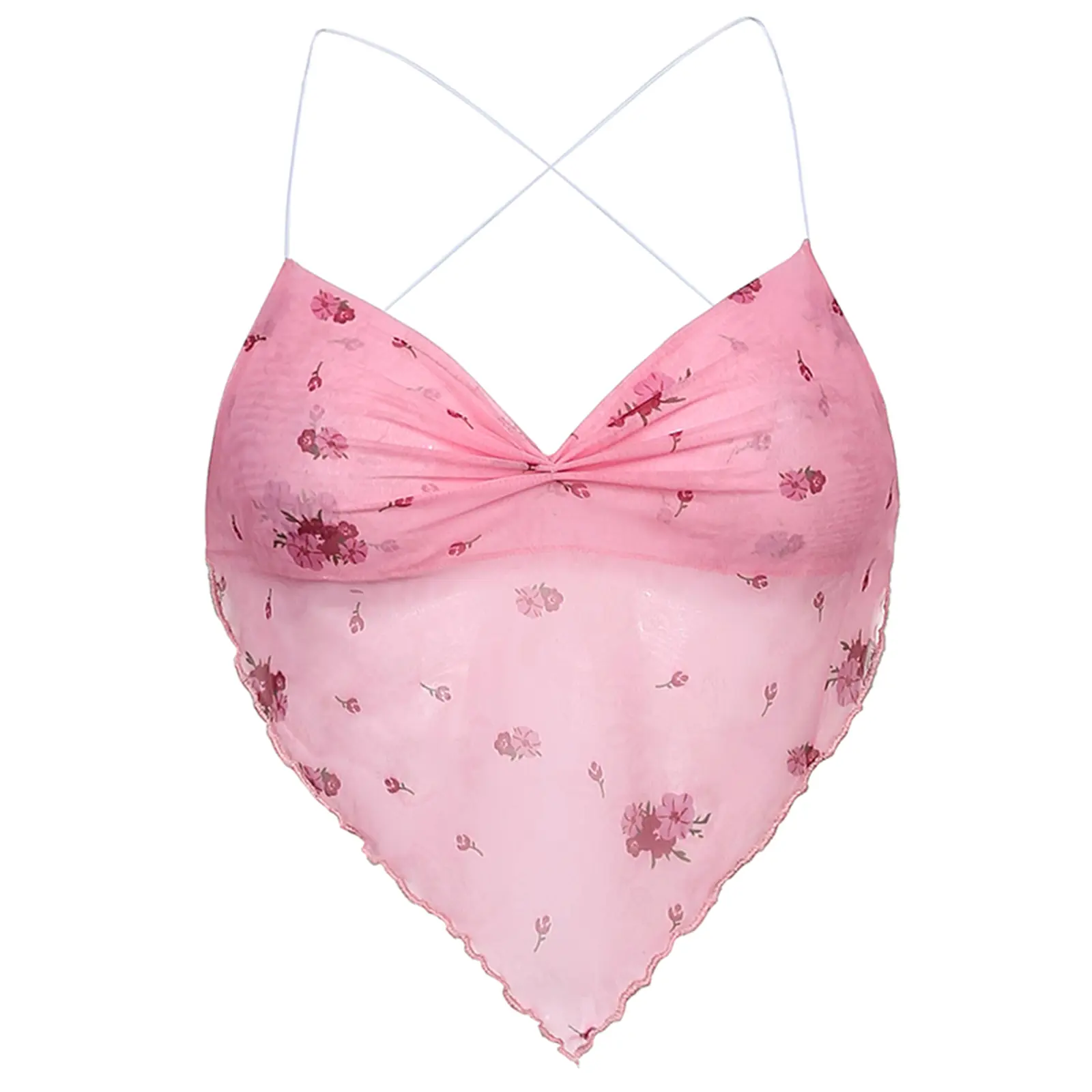 Women Sexy Sheer Mesh Camisole, Sleeveless Spaghetti Strap Floral Print Criss Cross Tie Back Crop Cami Tops