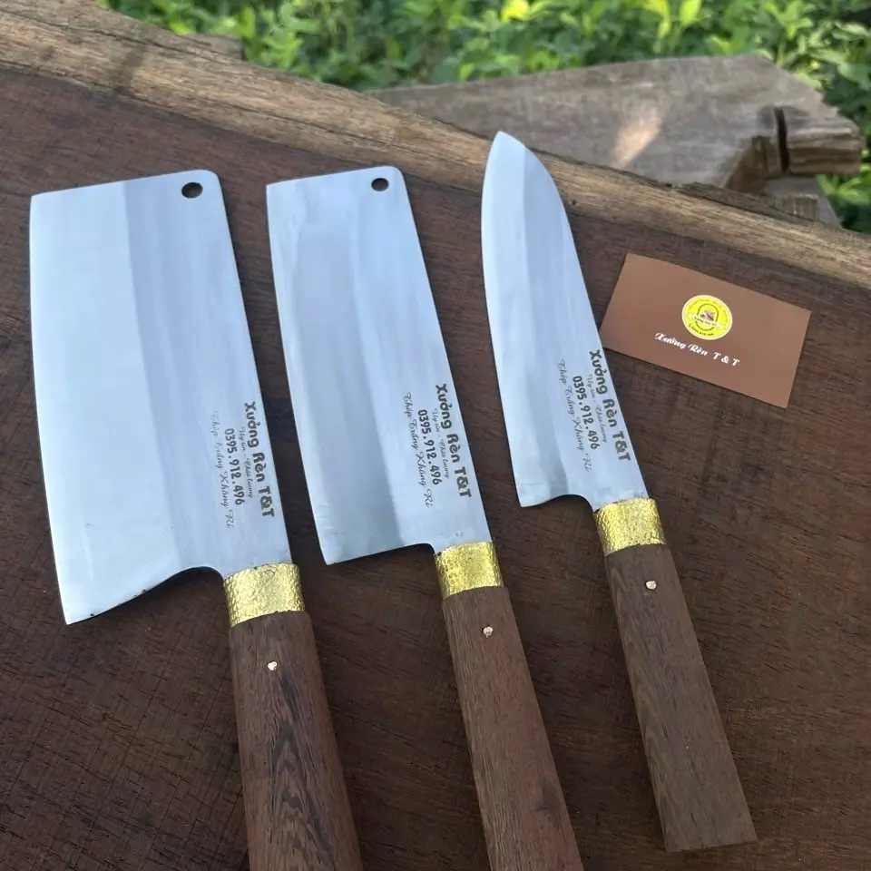 Bộ 3 dao  chặt  -thái-lọc (tặng gọt hoa)làm từ thép supat tàu thủy cán gỗ mun khâu đồng chốt đinh đồng