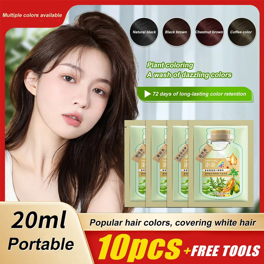 Pewarna Rambut Buih, 10pcs, Empat Warna, dengan Alat Perlindungan Rambut, Ekstrak Tumbuhan Alamiah, Krim Pewarna Rambut, Tahan Lama, Lembut dan Tidak Berbahaya, 20ml setiap pek, Jualan Panas