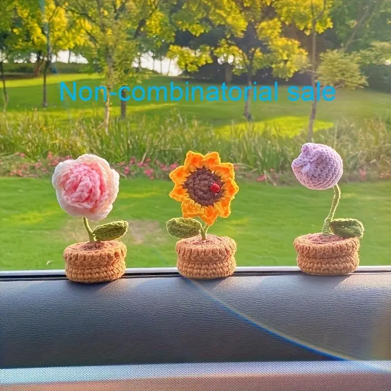 Flower Design Car Dashboard Ornament, 1 Count Crochet Flower Car Interior Decor, Car Accessories For Women Girl Car Gifts, Handmade Knitted Plant Decorations for Home Office Desk