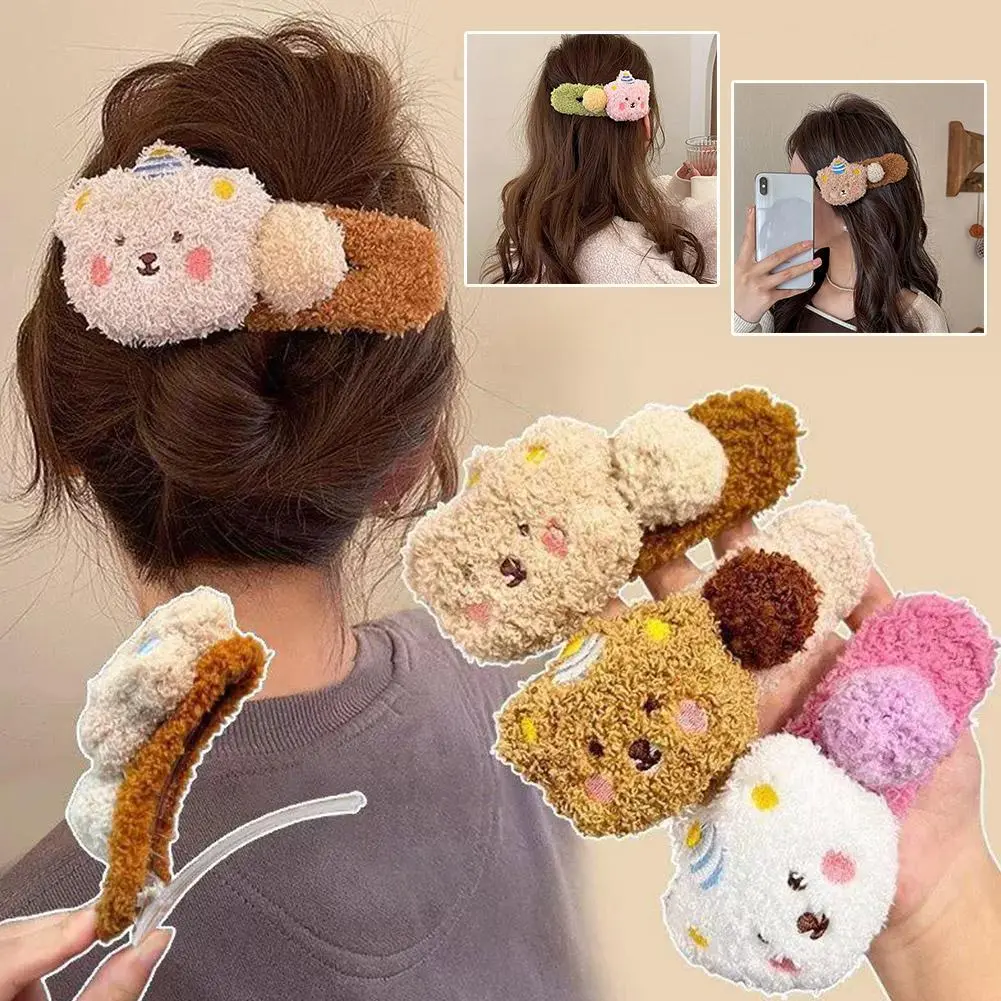 Kẹp Tóc Mỏ Vịt Lớn Gấu Pudding Nhồi Bông Bộ 4 Chiếc, Dành Cho Bé Gái