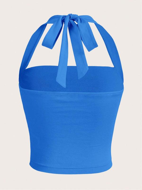 Women's Solid Ruched Halter Neck Backless Crop Top, Summer Clothes, Going Out Top, Holiday Outfits, Casual Elegant Sleeveless Tie Back Top for Summer, Ladies Clothes for Daily Wear 7