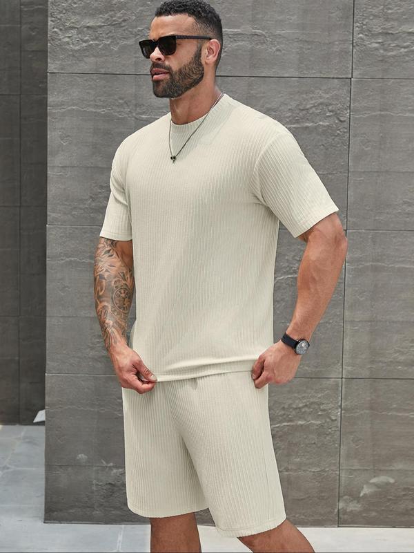 Two-Piece Set Men's Solid Color Ribbed Two-Piece Set, Regular Fit Casual Round Neck Tee & Pocket Tie Front Shorts, Men Outfits for All Seasons Daily Wear 2