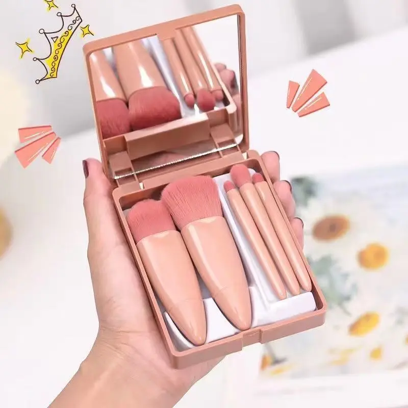 5 pieces with mirror box makeup brush travel suit portable super soft hair cute eye shadow brush powder powder blusher brush makeup essential makeup  set foundation  brush